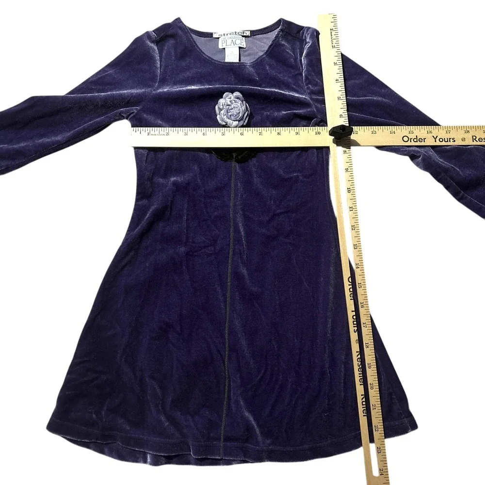 Vintage Girls Dress 5 Childrens Place Purple‎ Velvet Long Sleeve Rose Applique - Picture 5 of 5
